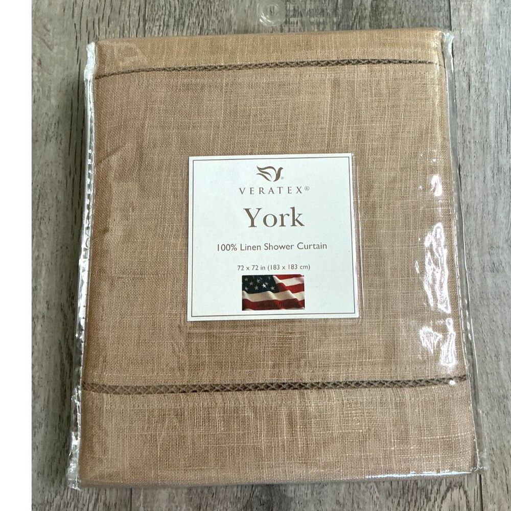 NEW Veratex York Natural Tan 100% Linen Shower Curtain 72x72 NIP Made USA